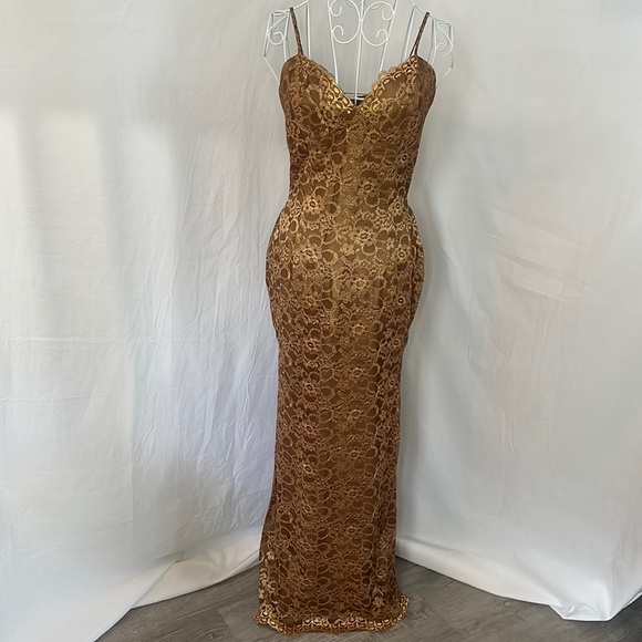 Vintage Dresses & Skirts - Vintage Alchemy NY Floor Length Dress | Thin Strap Brown Lace | Women Size 8